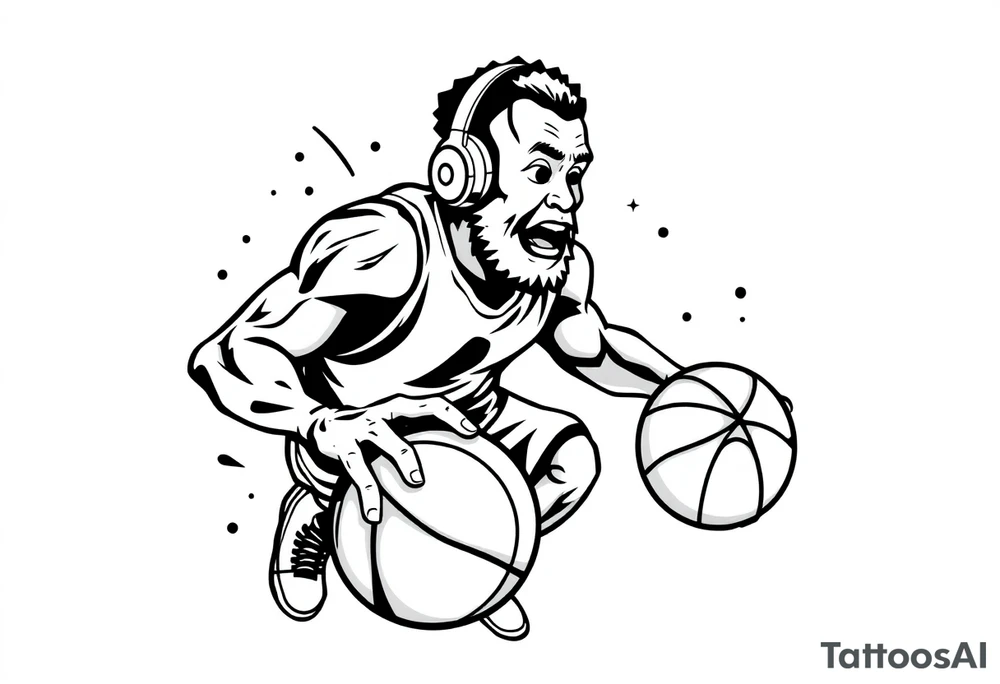 A guy dribbling a basketball with headphones on tattoo idea