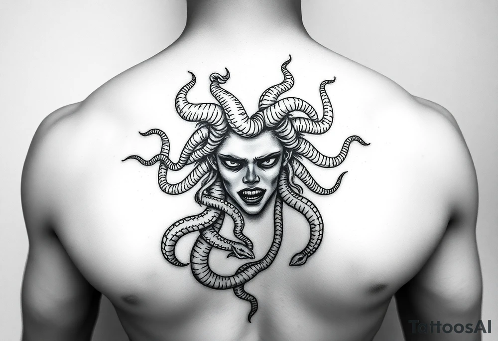 Beautiful but dark Medusa chest peice with her snake hair reaching my arms and shoulder. Black and white, realistic tattoo idea