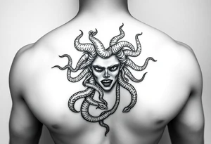 Beautiful but dark Medusa chest peice with her snake hair reaching my arms and shoulder. Black and white, realistic tattoo idea