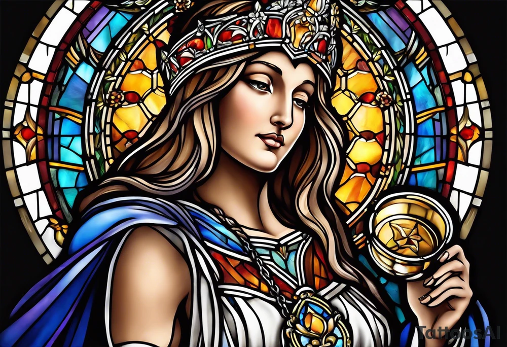 holy saint woman with halo stained glass holding a chalice tattoo idea