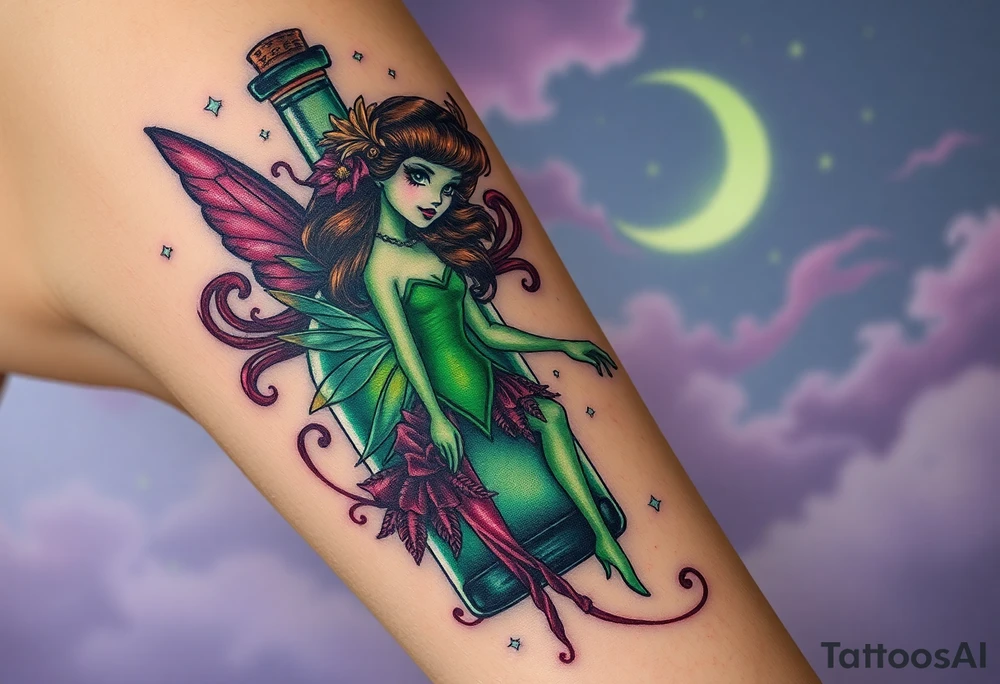 Tim Burton’s kelly doty pin up style Vintage Parisian elegant and hauntingly beautiful yet eerie full body absinthe Green Fairy dances outside her victorian crystal decatur she was once inside this elaborate ornate bottle absinthe bottle Absinthe Art Nouveau   and dripping with muted reds, dusty pinks, and eerie green glow.purple and cyan smokey clouds swirl in the crescent moonlit sky thats sprinkled with stars tattoo idea
