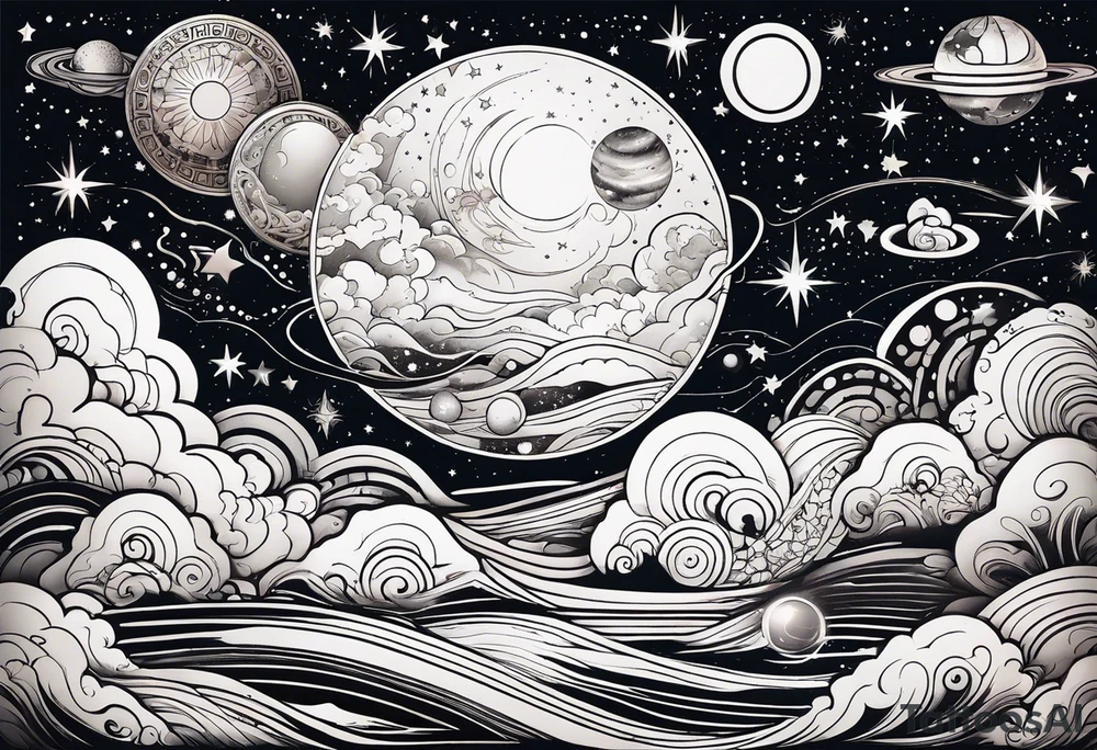 Celestial Galaxy scene with beautiful details of gas stars and space tattoo idea