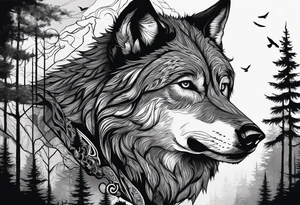 main character is an impressive powerful wolf, a crow talks to the wolf, background a gloomy mysterious forest tattoo idea