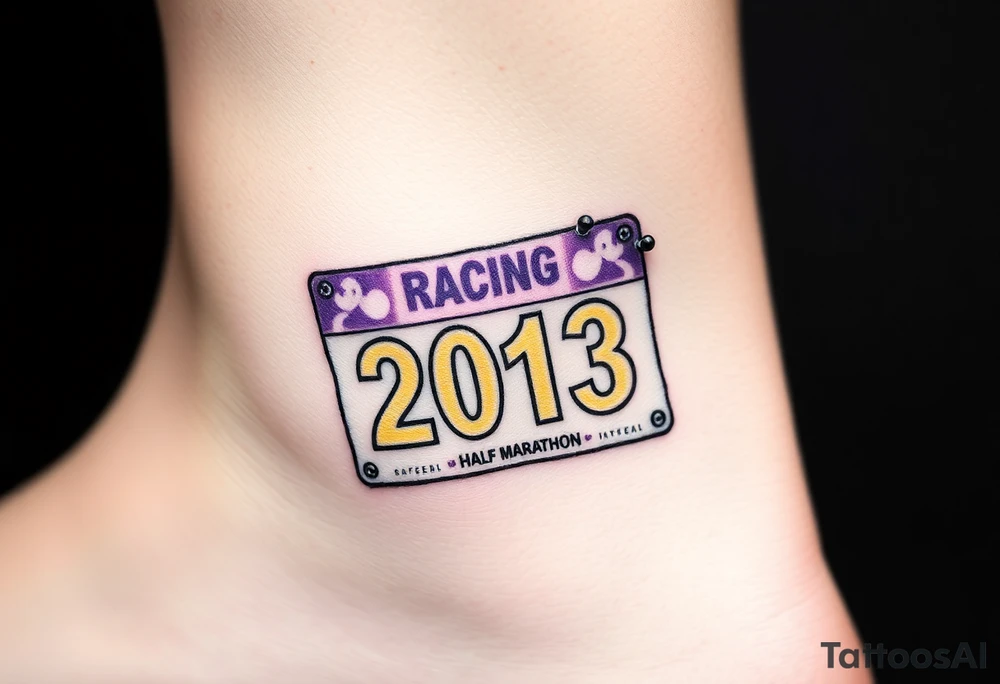 Racing half marathon bib 2013 purple and gold running safety pins piercing the skin running tattoo idea