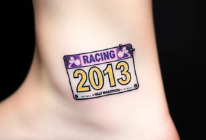 Racing half marathon bib 2013 purple and gold running safety pins piercing the skin running tattoo idea