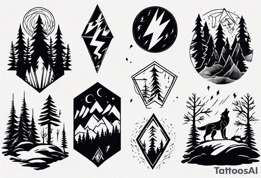 lightning over forest with wolf howling tattoo idea