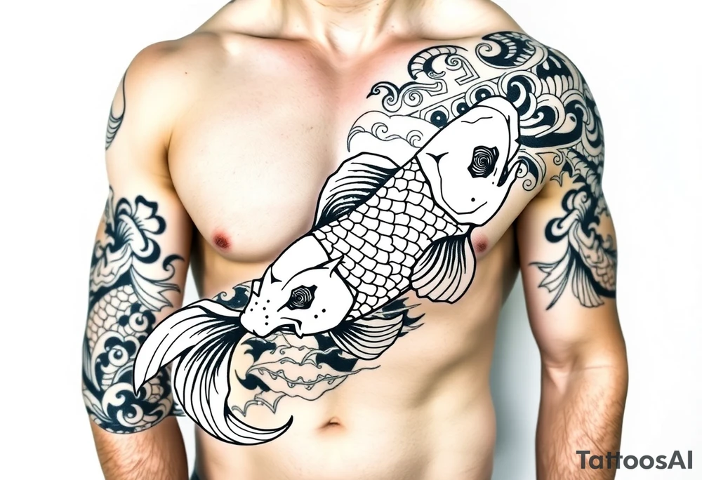 traditional koi fish swimming upstream through turbulent waves tattoo idea