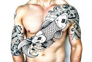 traditional koi fish swimming upstream through turbulent waves tattoo idea
