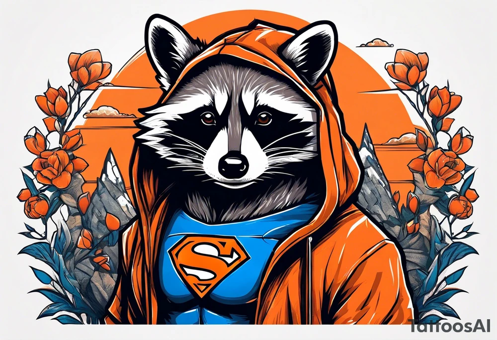 Raccoon wearing an orange Superman hoodie tattoo idea