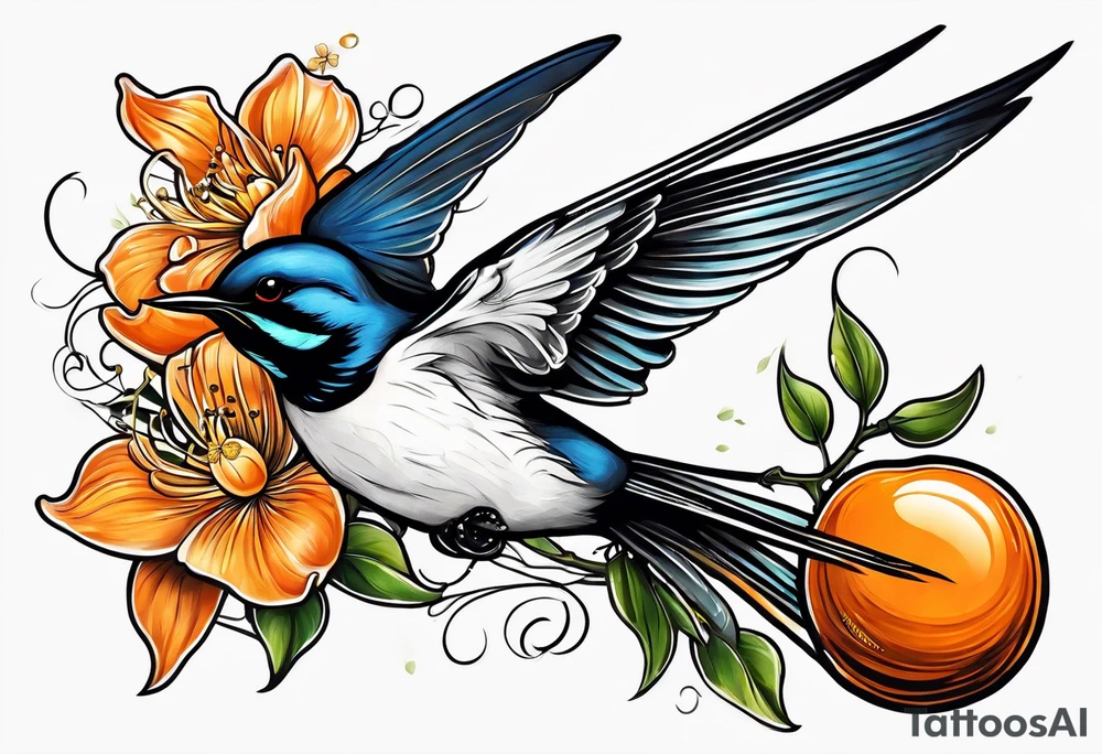 swallow holding an orange blossom tattoo idea