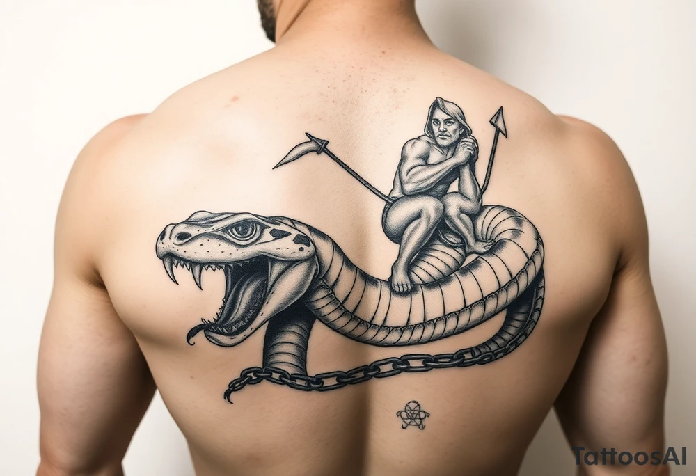 A dangerous giant holding a snake and a wild man on a chain leash holding them /sas slaves the snake has a wide shaped cobra head with a mouth full of sharp teeth and long fangs like a saber tooth tiger with the crazy guy riding on the back of snake tattoo idea
