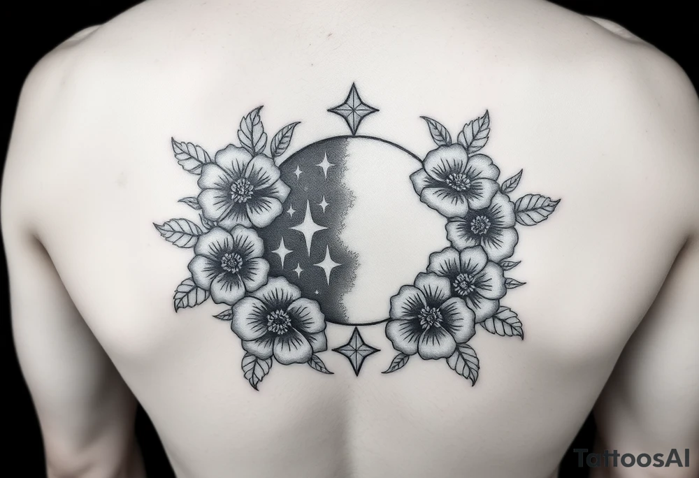 Flowers surrounded by moon and star design tattoo idea