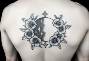 Flowers surrounded by moon and star design tattoo idea