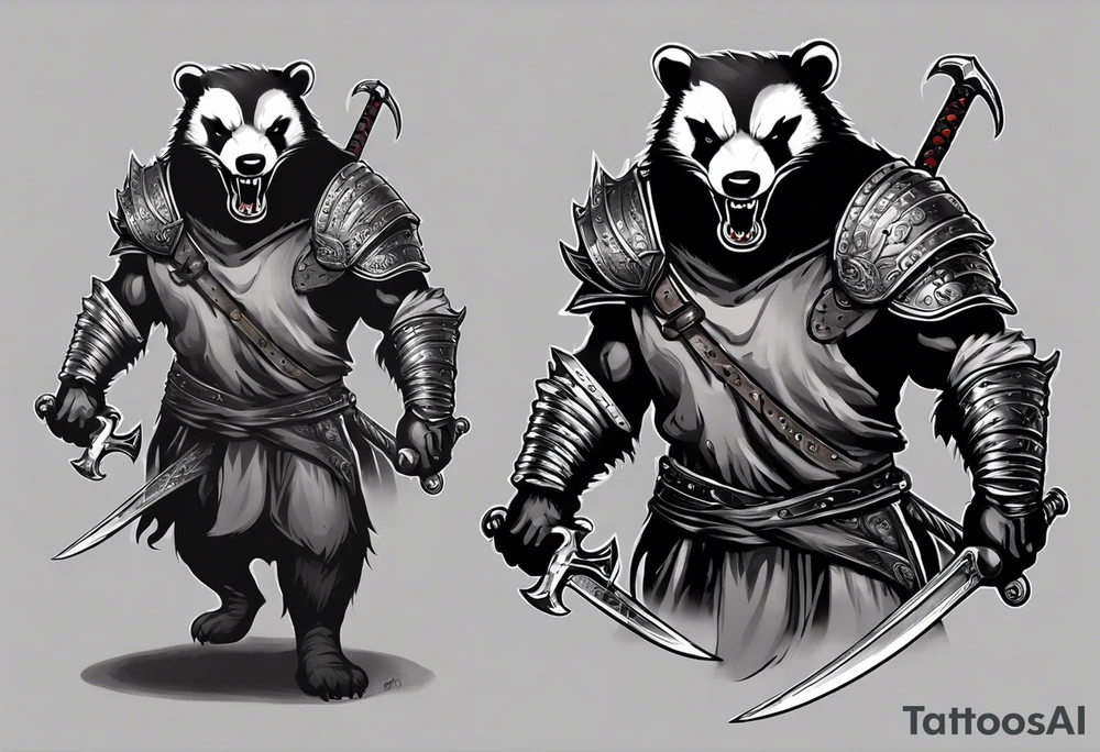 Draw me psychopath Badger/Berserker with aggressive full body, killer face with a scary smile, very long nails and he attacks like a Bloody Assassin/Warrior/Gladiator to us and also, he has very deadly looking. He fights with his nails. Everybody scares after their first sight. Give me horror type Badger Tattoo. I want to see his Realistic full body. tattoo idea