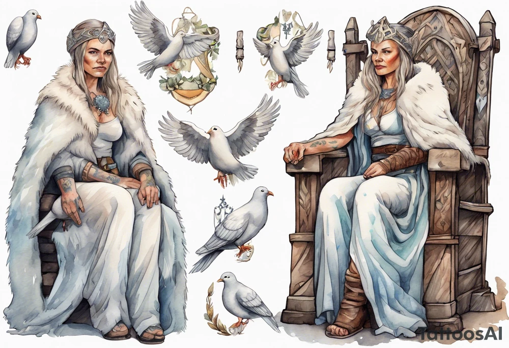 a 45-year-old Viking woman wearing a white fur cloak sitting on a throne with a dove on her shoulder tattoo idea