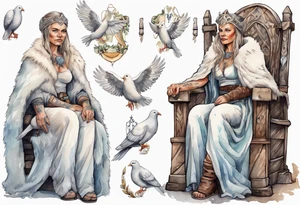 a 45-year-old Viking woman wearing a white fur cloak sitting on a throne with a dove on her shoulder tattoo idea