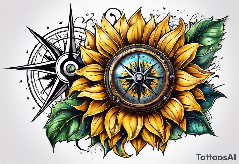 Sunflower next to a compass tattoo idea