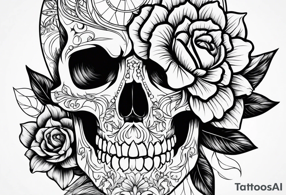 Side skull with flower tattoo idea