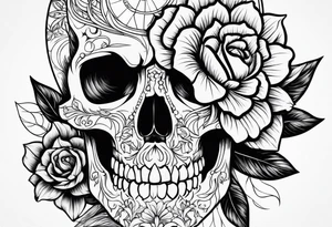 Side skull with flower tattoo idea