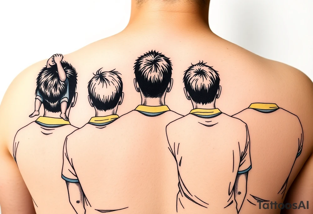 4 soccer fans from their backs, wearing yellow blue shirts. the second one from left having a kid on his shoulders, and he's rising a scarf tattoo idea