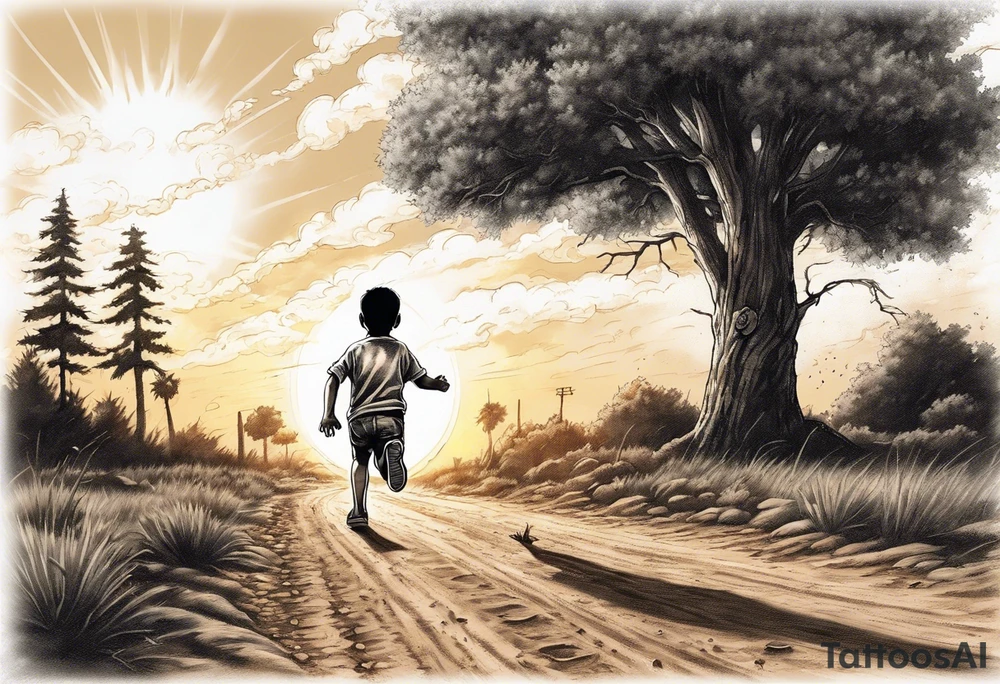 a male child running on a dirt road,
the child is running away towards a sun that is being hugged by a hammer,
on the left side of the dirt road pointing at the child ak47 and rpg
on the right side there are trees,
under the sun clouds form the date 07.10.2023 tattoo idea