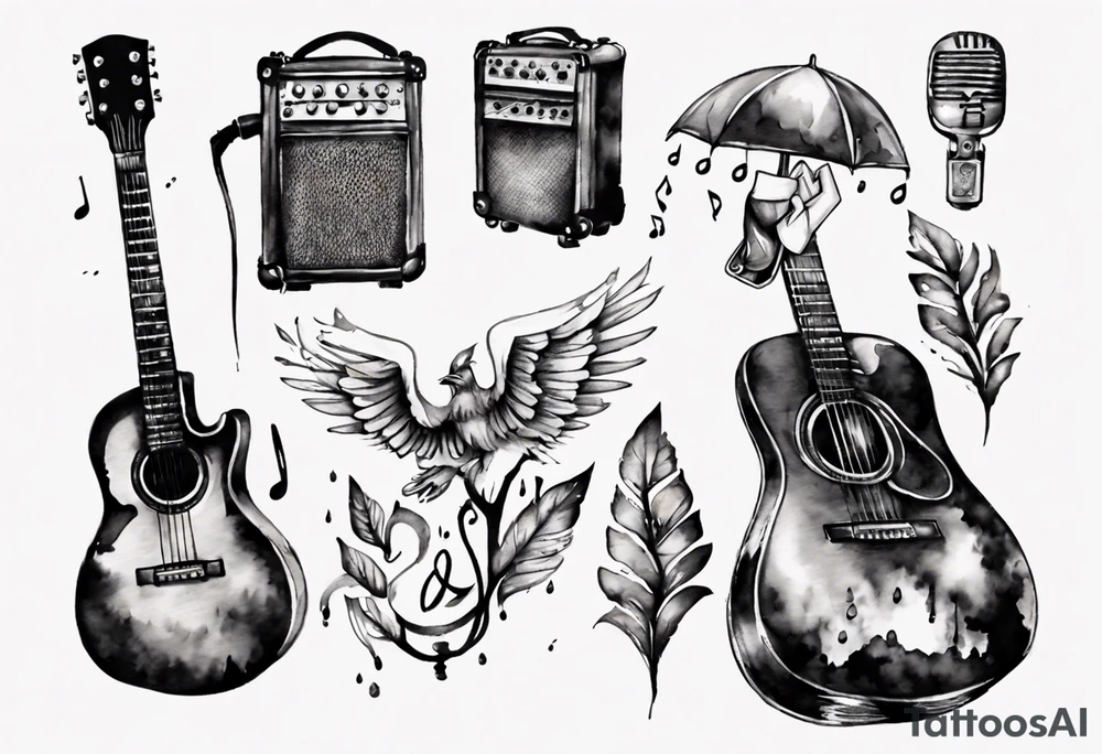 Music, guitar, harmonica, Dad, thunder and rain, love miss you tattoo idea