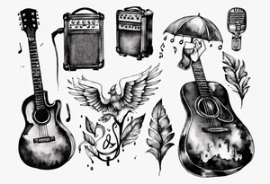 Music, guitar, harmonica, Dad, thunder and rain, love miss you tattoo idea