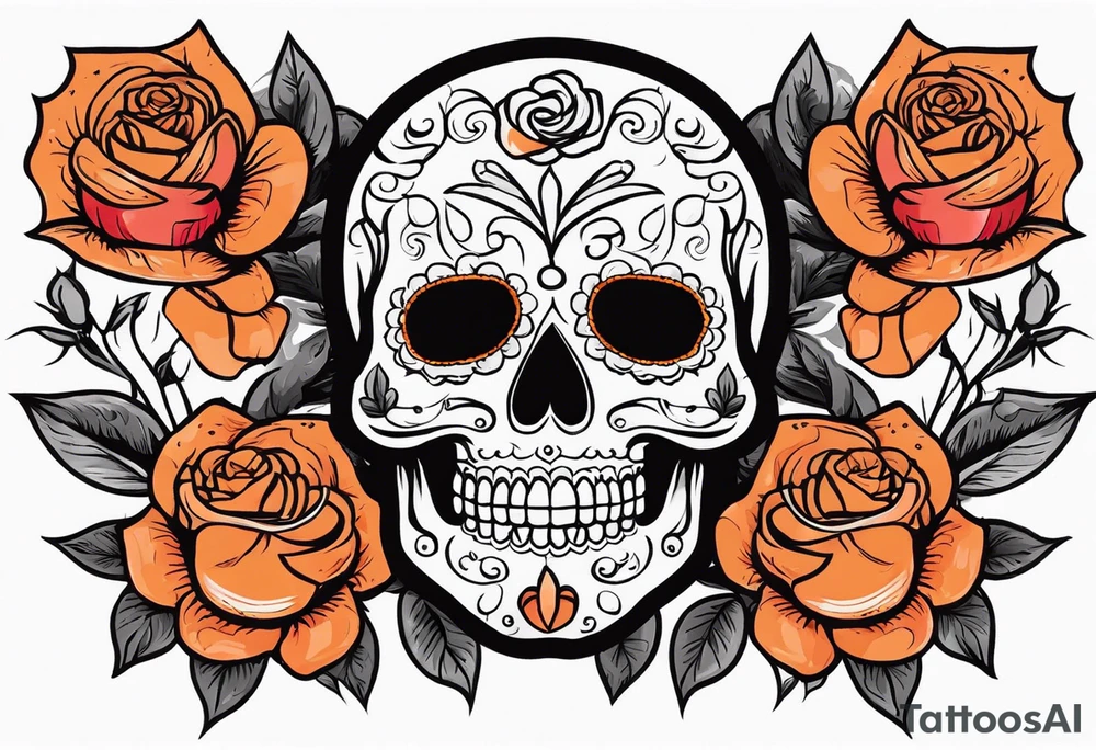 Orange Sugar skull with roses that are orange and red with smoke around it tattoo idea