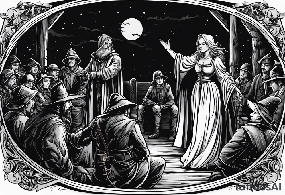 The accusation of a witch in the Salem trials. An otherwise quiet member of the community is accosted by a crowd, perhaps with a member of the clergy and a soldier of some kind present to take them into custody. tattoo idea