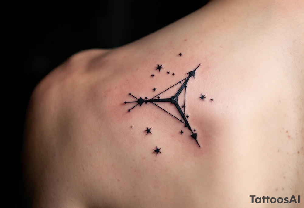 Sagittarius star constellation tattoo in muted grays and whites, placed along the spine. tattoo idea