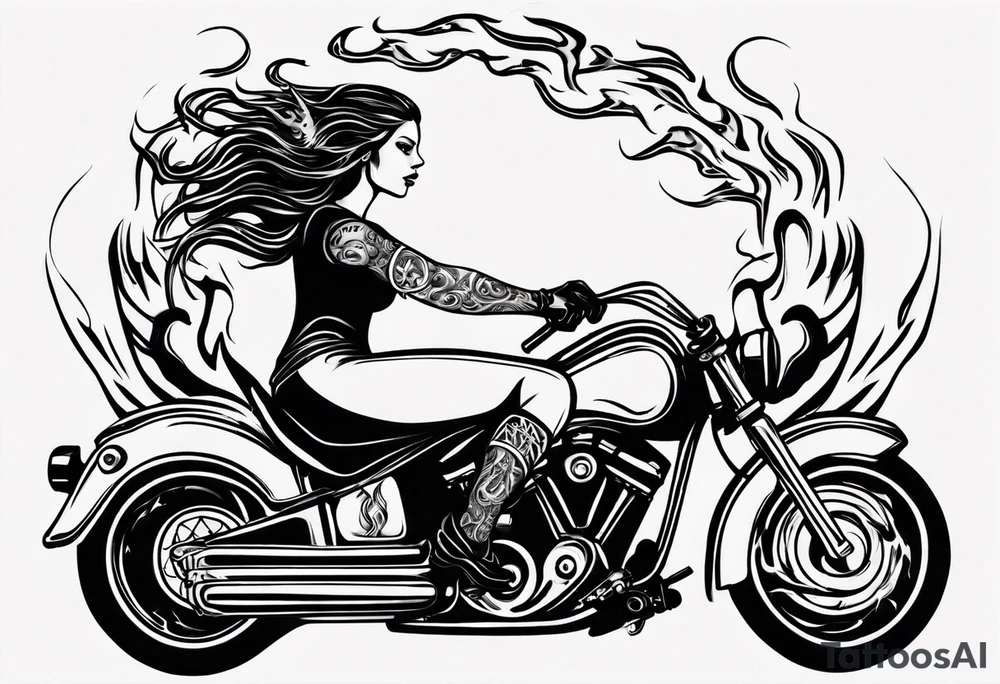 i want a tattoo of a girl riding a motorcycle with flames the words “Viking Customs” tattoo idea