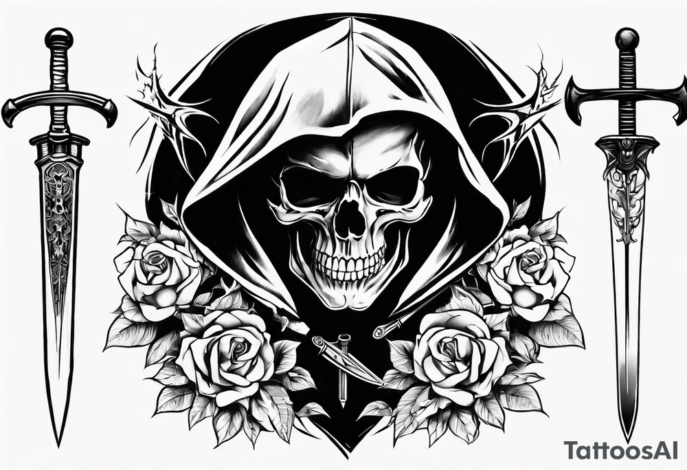 hooded skull sword tattoo idea