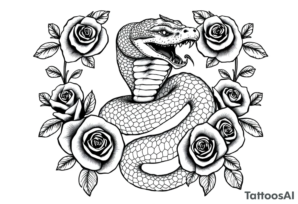 powerful majestic snake surrounded by rose ornaments tattoo idea