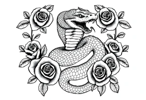 powerful majestic snake surrounded by rose ornaments tattoo idea