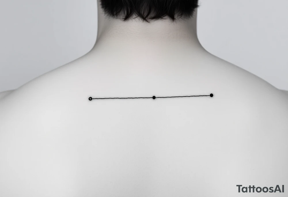 A minimal fine-line tattoo showing a straight, thin horizontal timeline with two small evenly spaced dots. Below the first dot, write the coordinates: "24°10′N, 20°16′E". Below the second dot, write: "53.4084°N, 2.9916°W". Above each coordinate, place a small circle or marker dot to signify key points. Beneath the entire timeline, add a single row arranged like this: — ● — ●   ● —   ● — ●   — — —   ● — ● ●   ● ●   — ● ●   ● — tattoo idea