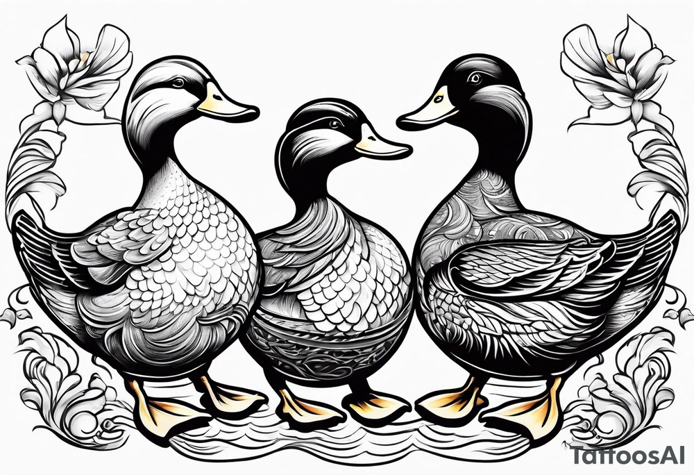 3 ducks in a row, side by side 

The ducks are rubber duck, cartoonish tattoo idea