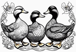 3 ducks in a row, side by side 

The ducks are rubber duck, cartoonish tattoo idea