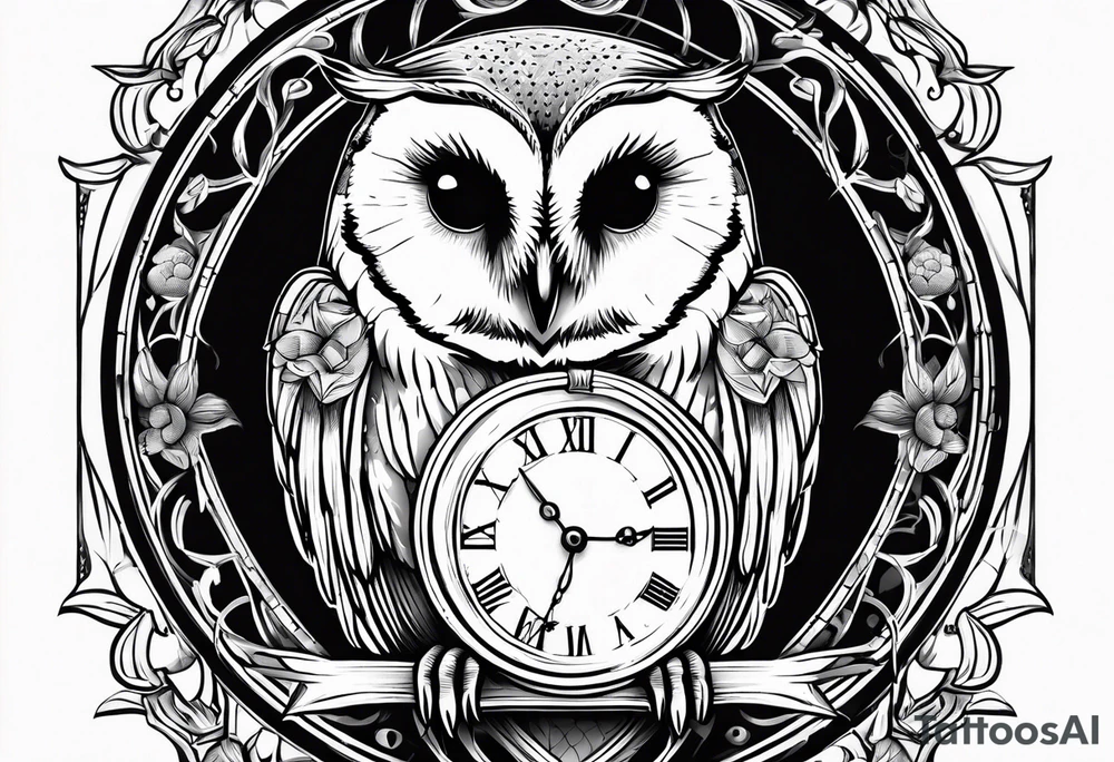 Barn owl holding a pocket watch with the time set at 1:43 tattoo idea