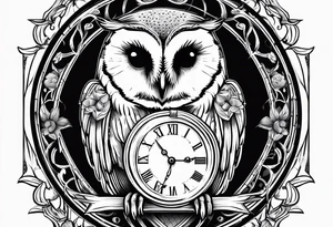 Barn owl holding a pocket watch with the time set at 1:43 tattoo idea