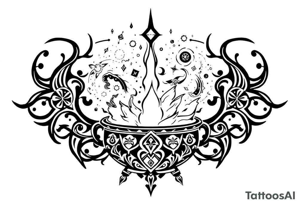 Milky way galaxy filled with zodiac symbols runes tarot cards coming out of a cauldron tattoo idea