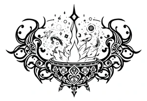 Milky way galaxy filled with zodiac symbols runes tarot cards coming out of a cauldron tattoo idea