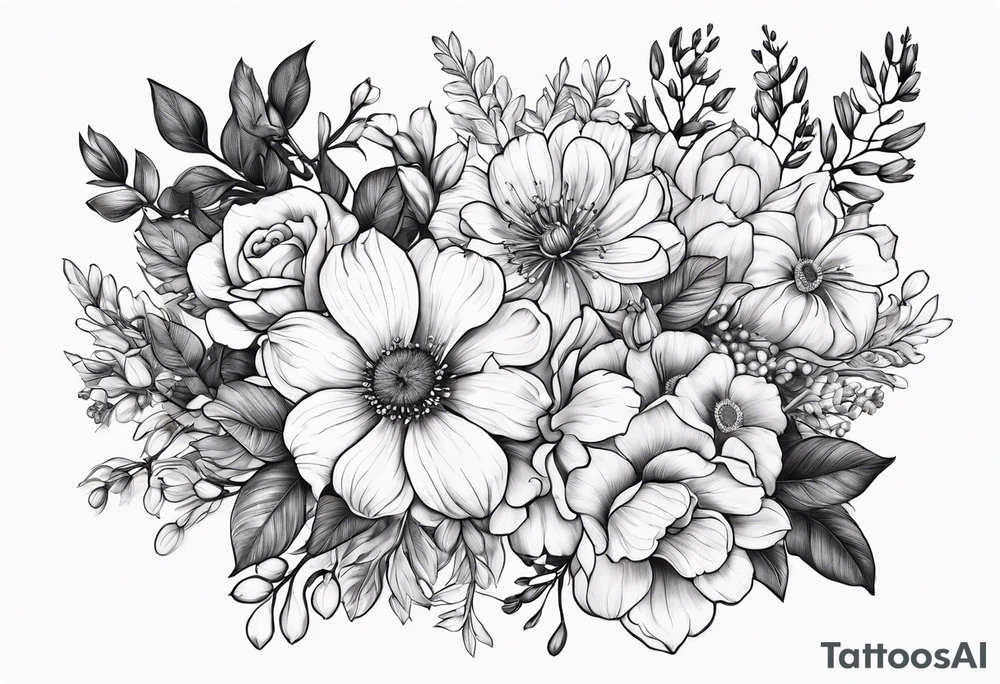 Birth flower bouquet for july april and october fine line tattoo idea