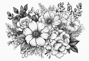Birth flower bouquet for july april and october fine line tattoo idea