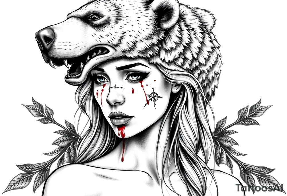 Beautiful Woman with battle scars and blood on face wearing dead bear on head tattoo idea
