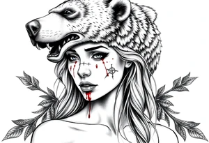Beautiful Woman with battle scars and blood on face wearing dead bear on head tattoo idea