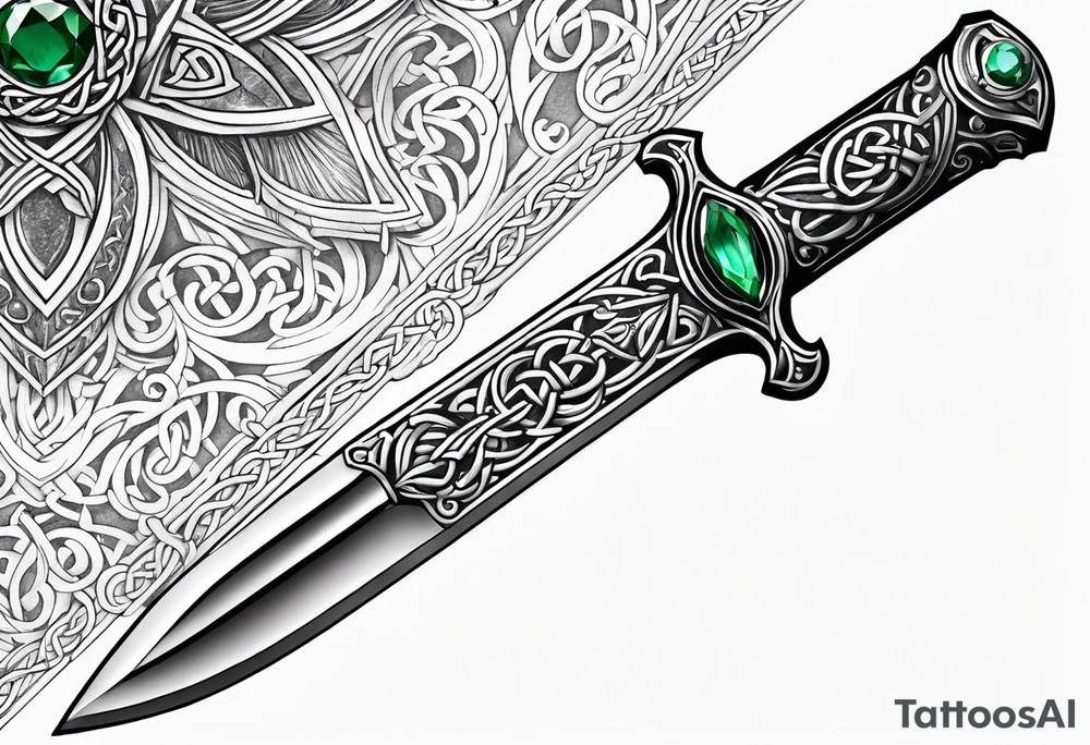 A Celtic athame dagger with the hilt turned upward and an emerald gemstone on the hilt not on the blade tattoo idea