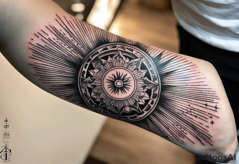 Forearm tattoo cross with rays of sun, 08/21/2024 in with Jeremiah 29:11 tattoo idea