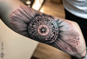 Forearm tattoo cross with rays of sun, 08/21/2024 in with Jeremiah 29:11 tattoo idea