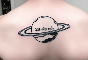 Minimalistic saturn planet, but instead of Saturn’s rings there is a text that says «La deg selv få lovt til å være deg selv» tattoo idea