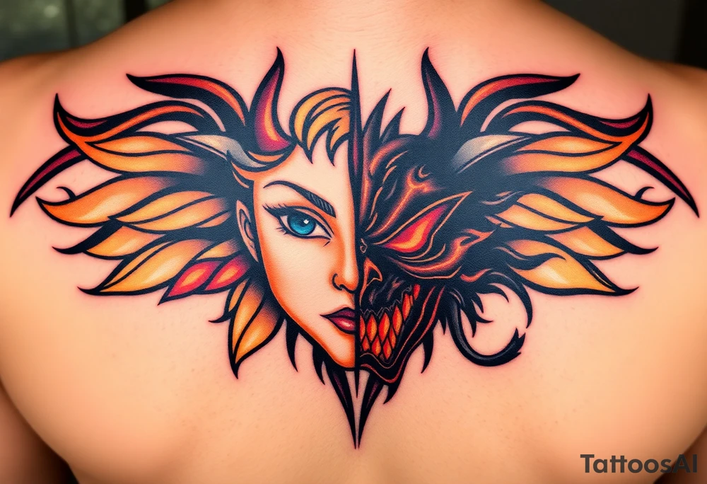 A half angelic face, bathed in golden light with soft blue eyes, contrasted by the other half demonic face, with red, glowing eyes and cracked blackened skin, surrounded by smoky tendrils of darkness. The dividing line is sharply defined with soft light on one side and sharp shadows on the other. tattoo idea